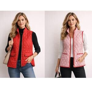 Appleseeds Reversible Quilted Vest Women's Size L Orange/Gingham Pockets Preppy